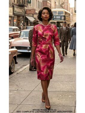 Vintage Handmade Wiggle Dress XS Feather Print Half Sleeve Rockabilly Vamp Siren